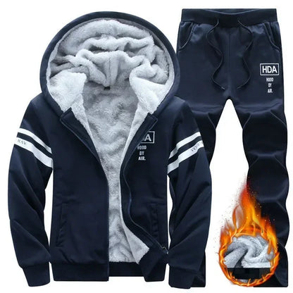 Winter Men Set Casual Warm Thick Hooded Jacket+Pants 2PC Sets Men Inner Fleece Hoodies Zipper Tracksuit Male Sports Suit Outwear