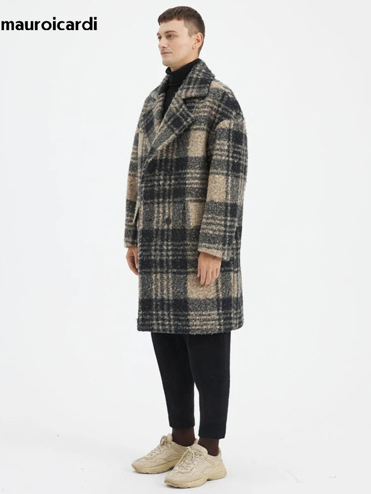 Mauroicardi Autumn Winter Long Loose Stylish Thick Warm Colorful Plaid Wool & Blends Coat Men Double Breasted Runway Fashion