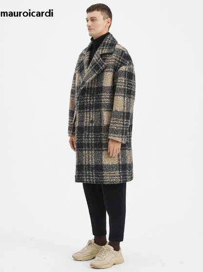 Mauroicardi Autumn Winter Long Loose Stylish Thick Warm Colorful Plaid Wool & Blends Coat Men Double Breasted Runway Fashion