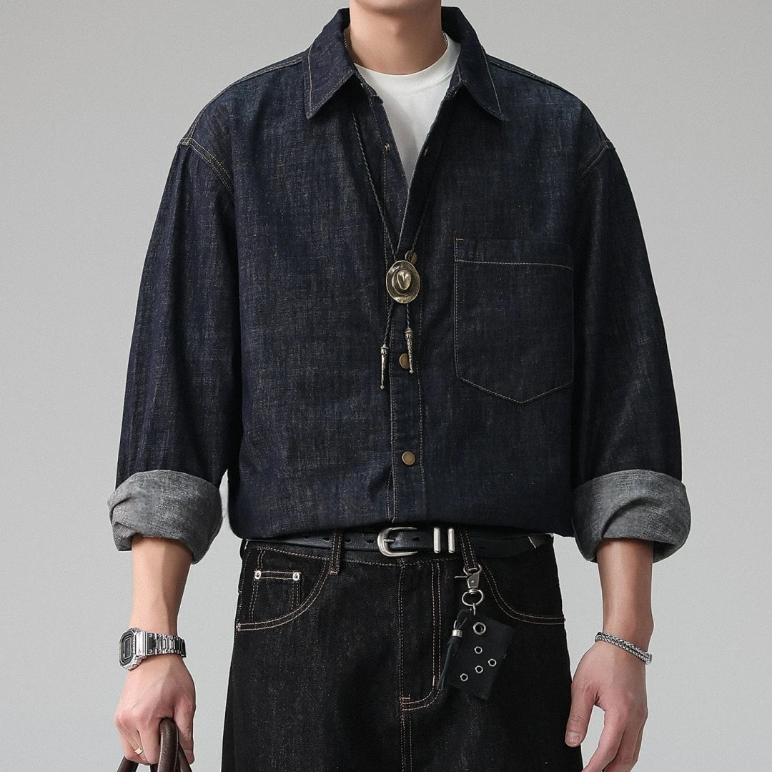 Mens Raw Denim Shirt American High Street Plus Size Oversized Long Sleeve Button Down Spring Autumn Trendy Casual Blue Tops