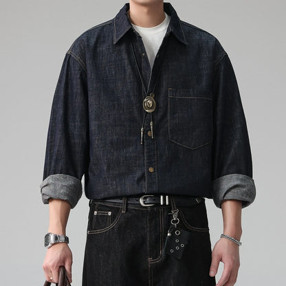Mens Raw Denim Shirt American High Street Plus Size Oversized Long Sleeve Button Down Spring Autumn Trendy Casual Blue Tops
