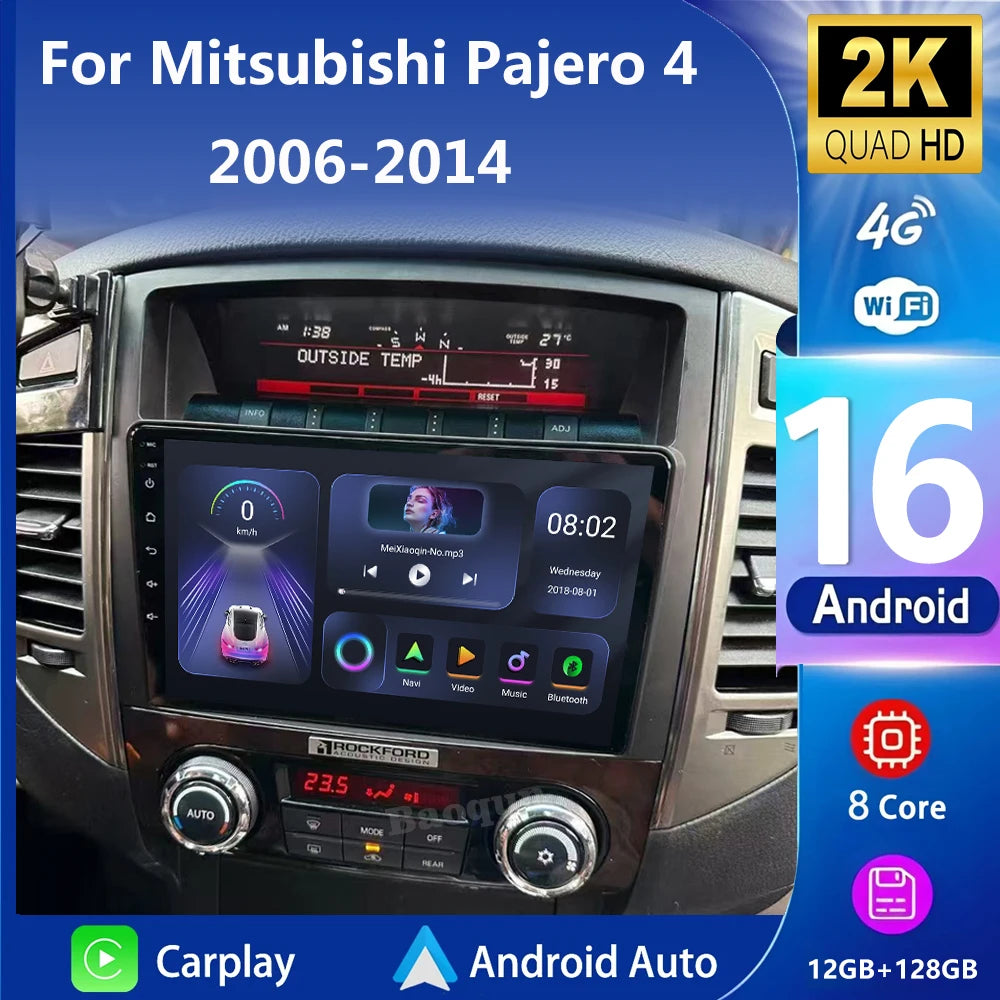 Android 16 QLED Car Radio For Mitsubishi Pajero 4 V80 V90 2006-2024 Autoradio Multimedia Player GPS For Carplay Android Auto bt