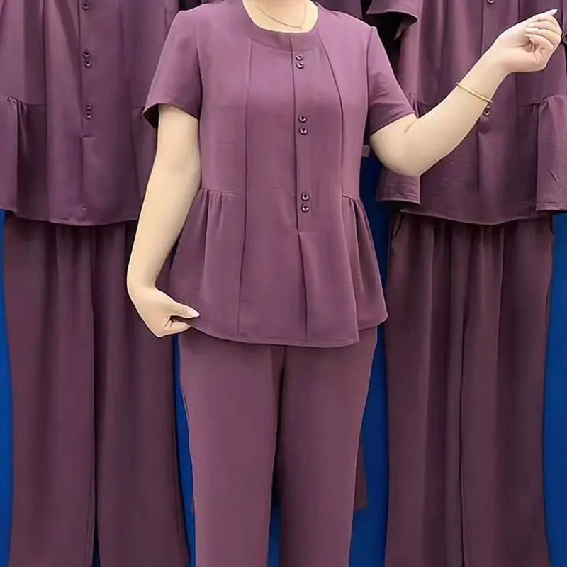 Summer 2026 Fashionable Mommy Set Women's Loose Belly Covering Slimming Two-Piece Suit High-End  Color Casual Wear