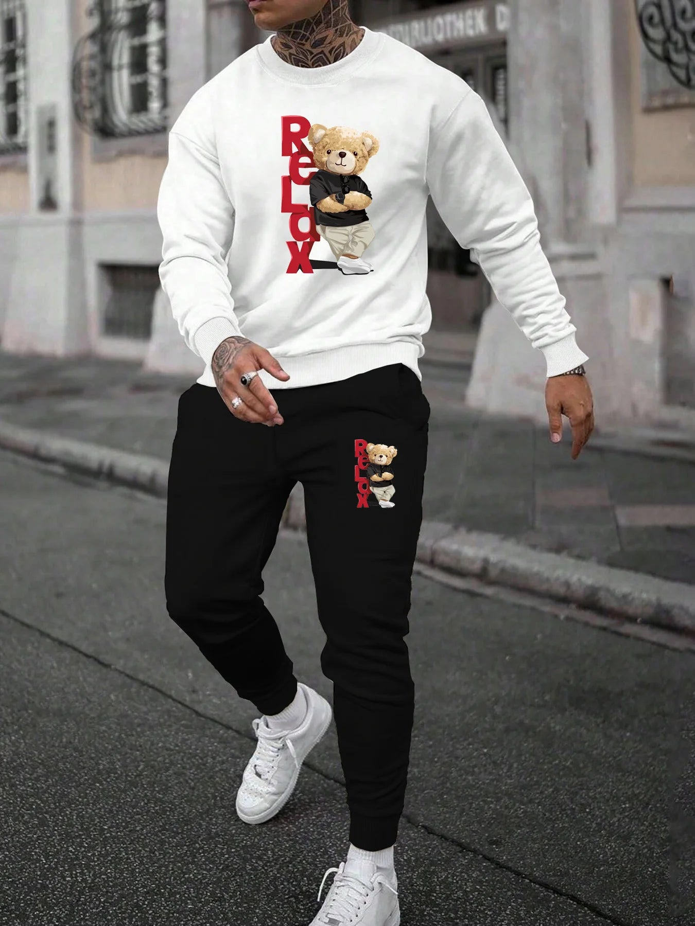 Men's autumn and winter casual warm RELDX bear print loose and thick velvet round neck sweatshirt+sports pants set