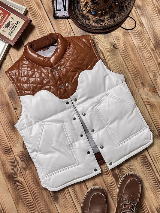Mens Casual Genuine Leather Vest Coat Winter Warm Sleeveless Down Jacket Thick Stand Collar Sheepskin Spliced Cowhide Waistcoat