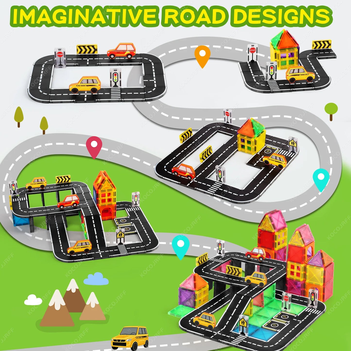 Magnetic City Road Building Set with Magnetic Signs & Toy Cars, Kids STEM Educational Toy. Safe Magnetic Blocks for Boys & Girls