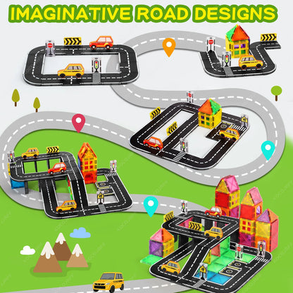Magnetic City Road Building Set with Magnetic Signs & Toy Cars, Kids STEM Educational Toy. Safe Magnetic Blocks for Boys & Girls