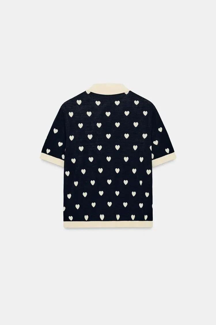 New Summer Women's Street Style  Shirt Turn-down Collar Short Sleeve Color Block Heart Pattern Embroidery Casual Top