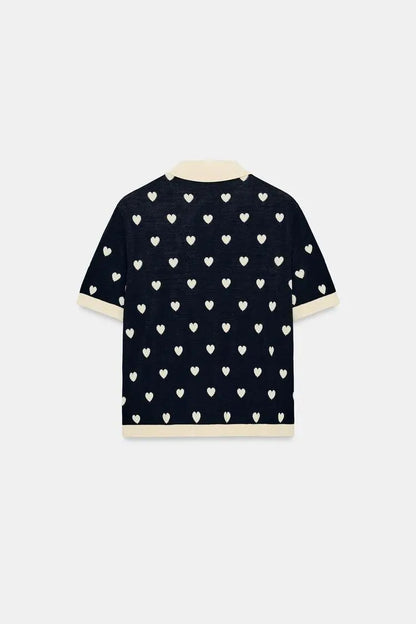 New Summer Women's Street Style  Shirt Turn-down Collar Short Sleeve Color Block Heart Pattern Embroidery Casual Top