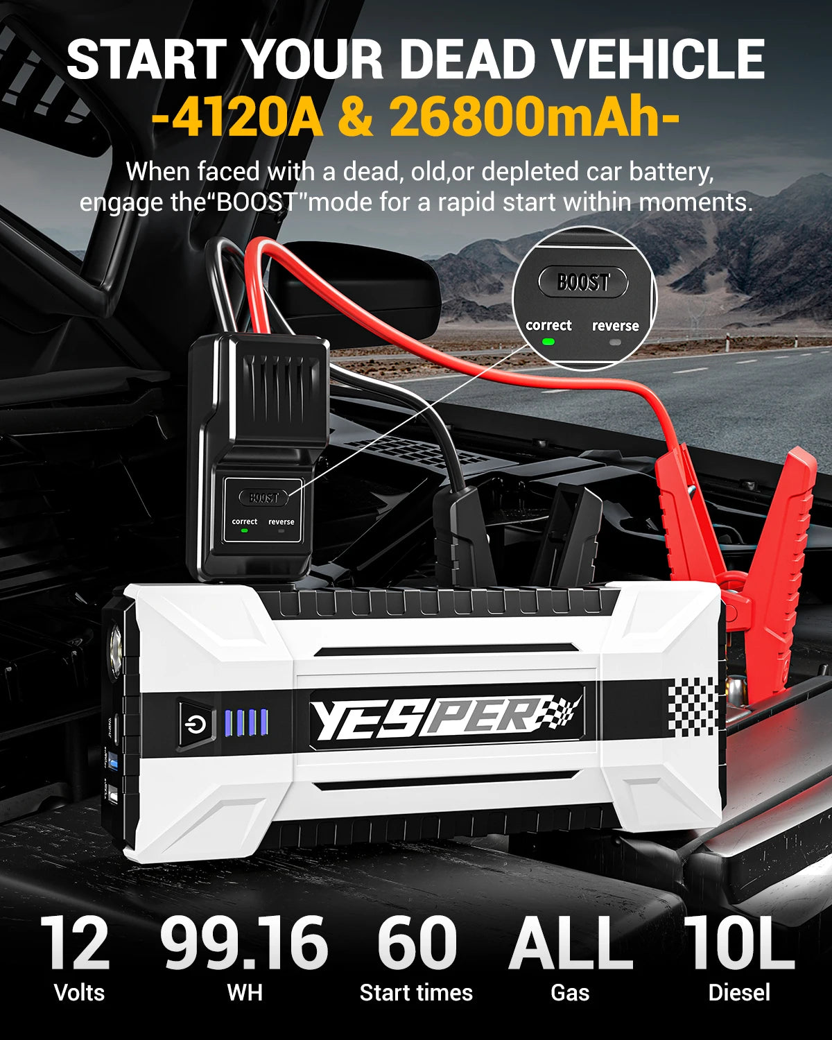 YESPER 4120A Car Jump Starter | 26800mAh | 12V Power | Gas/10.0L Diesel | Power Bank + 3-Mode Light