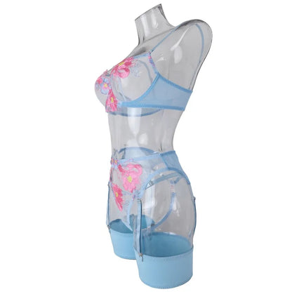 Tornova Sexy Embroidery Lingerie Suit for Women Mesh Patchwork Embroidery Women's Underwear Suit Sexy Garters Mesh Underwear Set