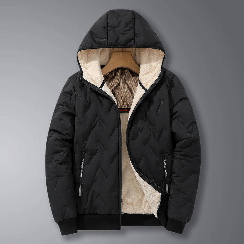 EU Size Men Hooded Jacket Thick Warm Winter Coat Fleece Lined Black Grey Parkas Fashion Casual Quilted Coat Outwear Clothing Top