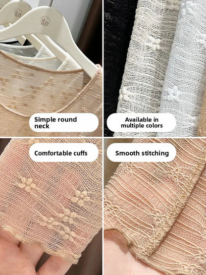 Sexy Lace Base Shirt Inner Wear Light Mesh Top Floral Trim Shoulder Exposure Thin Nylon Fabric Long Sleeve round Neck Spring ...