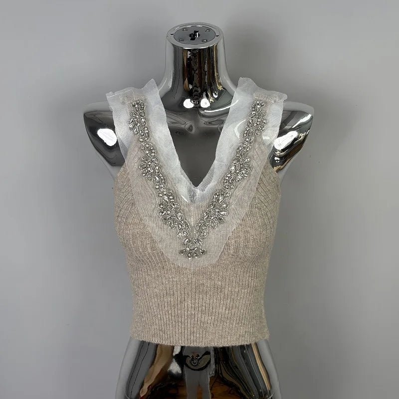 Korean Dongdaemun Rhinestone Knit Crop Top Sexy Slim Fit Versatile Solid Color Camisole Fashion Short V-neck Knitted Tank Tops