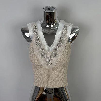 Korean Dongdaemun Rhinestone Knit Crop Top Sexy Slim Fit Versatile Solid Color Camisole Fashion Short V-neck Knitted Tank Tops