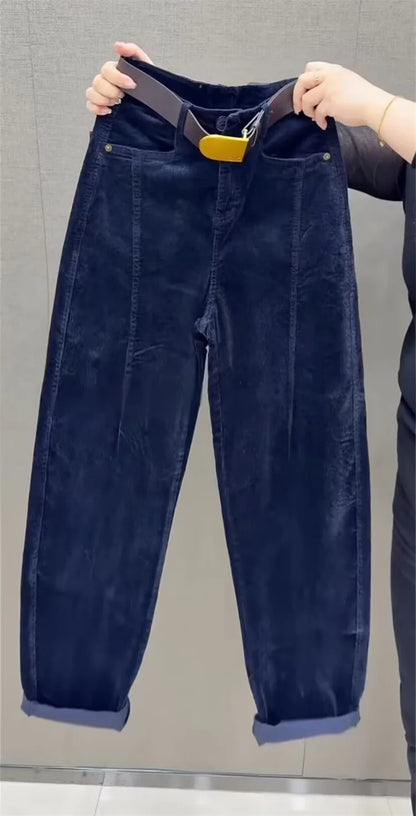 High Waist Cotton Corduroy Harlan Pants Slim Fit Casual Nine Point Knife  Straight Leg Crop Leisure Long Trousers