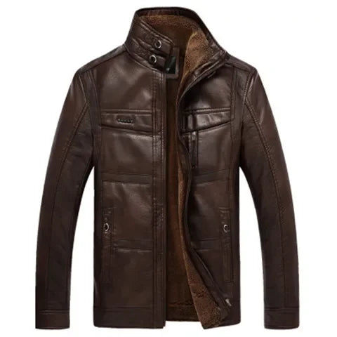 Autumn Winter Men Leather Jacket Fleece Warm Retro Business Casual PU Leather Coat Zipper Long Sleeve Windproof Outerwear New