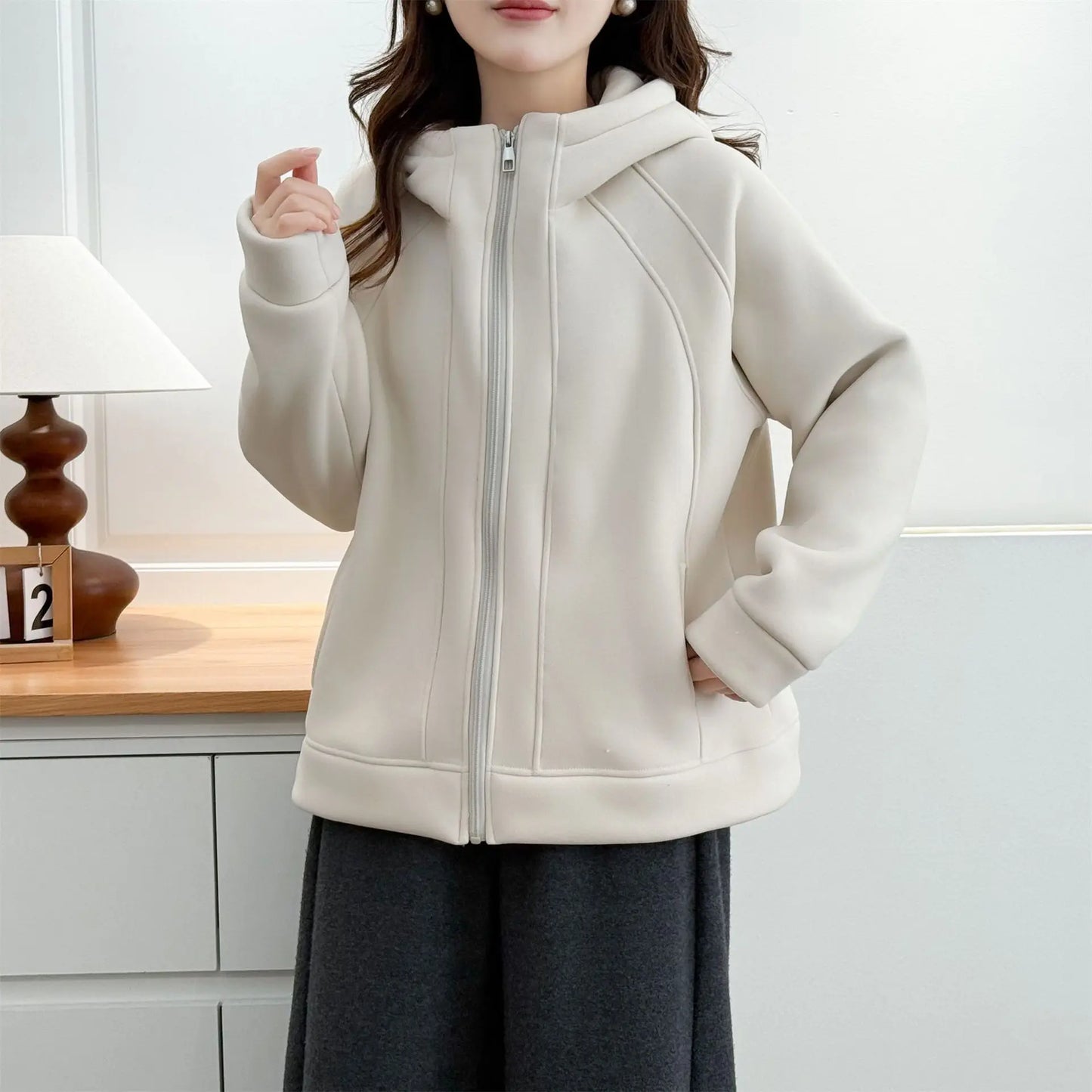 XXXXL Fashion Plus Size Women's Hoodies 2025 Winter New Solid Color Fleece Thickened Graphene Warm Hooded Sweatshirt Jacket 8816
