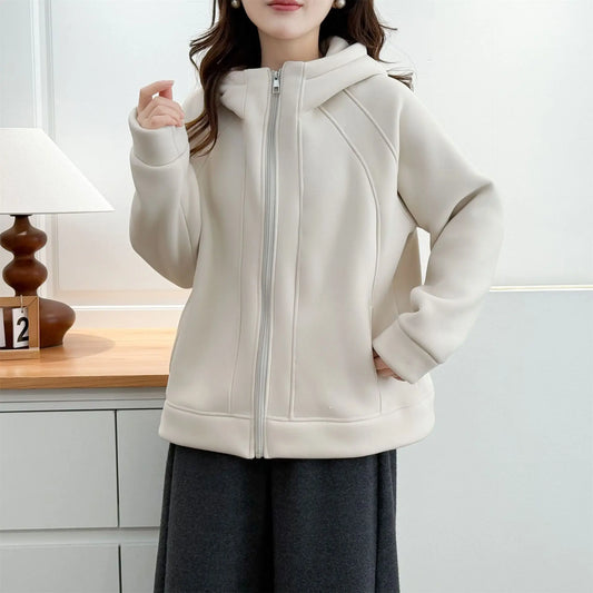 XXXXL Fashion Plus Size Women's Hoodies 2025 Winter New Solid Color Fleece Thickened Graphene Warm Hooded Sweatshirt Jacket 8816
