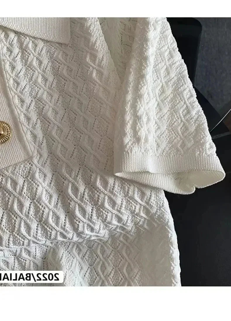 FANAN Ice Silk Polo Shirt Knitted Short Sleeve T-Shirts Lady New Chic Thin Unique Jacquard Women Tops 2025 Korean Style Clothing
