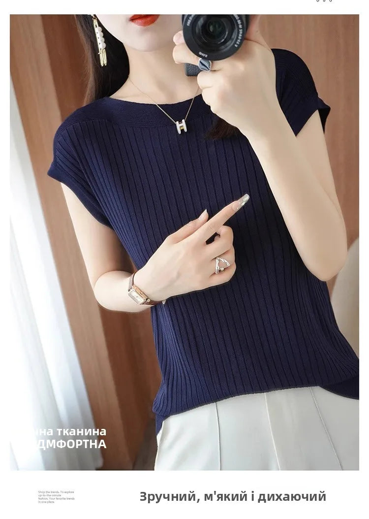 Ice Silk Knitted Top Women Loose Spring Summer New Style Thin Short Sleeve One Shoulder T-Shirt Breathable Comfortable Casual...