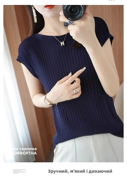 Ice Silk Knitted Top Women Loose Spring Summer New Style Thin Short Sleeve One Shoulder T-Shirt Breathable Comfortable Casual...