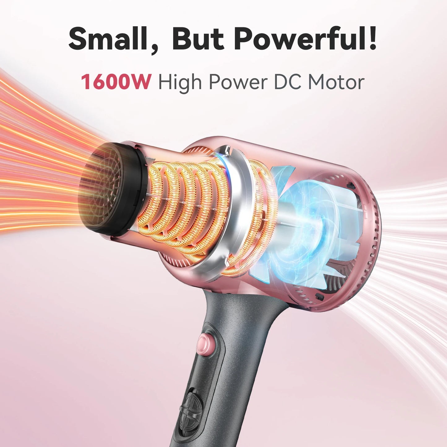 1600W Professional Hair Dryer with 3 Attachments 2 Wind Speeds Ionic Blow Dryer Fast Drying Hairdryer for Home Travel