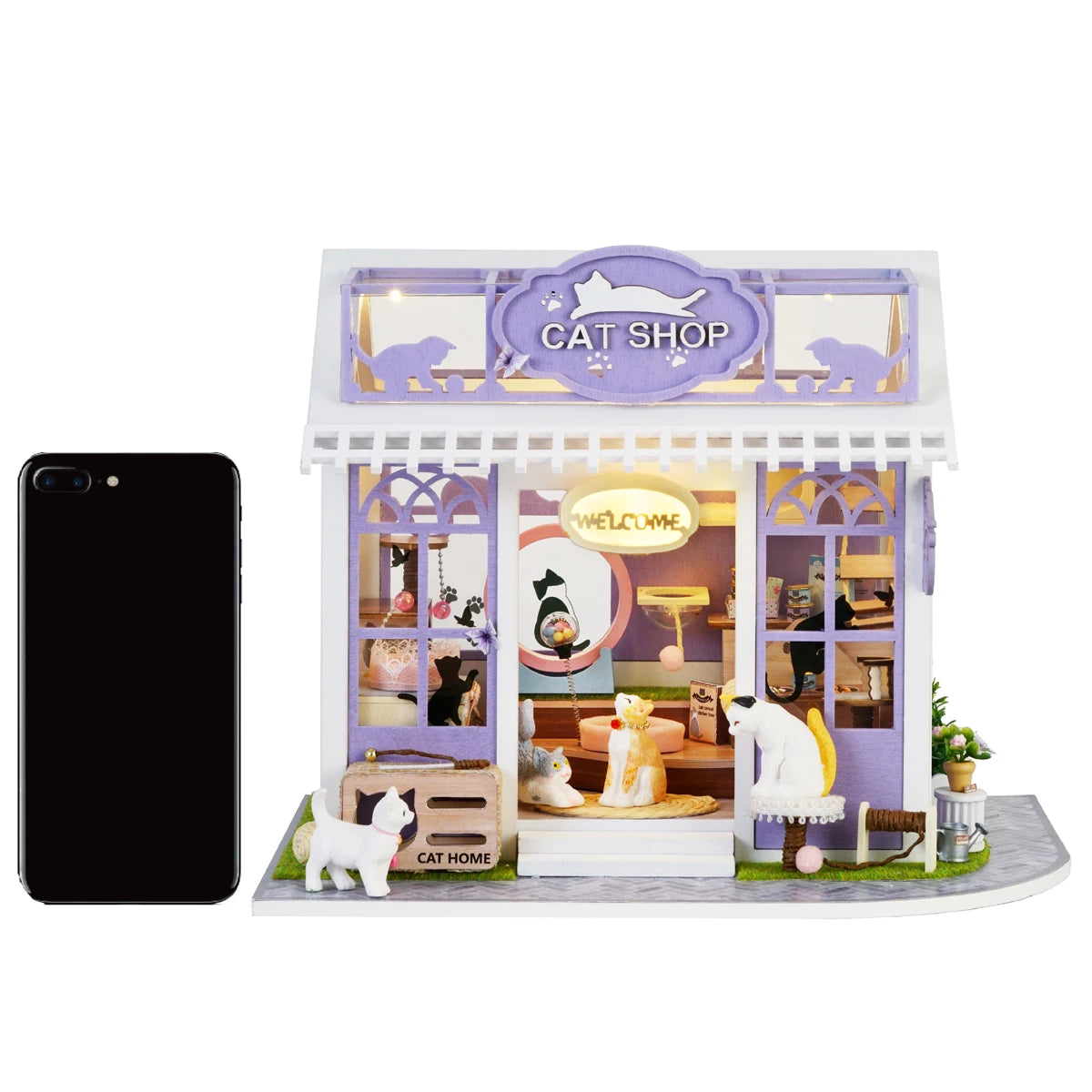 Wooden Miniature Doll House 3D Puzzle Assembly Building Model Kit Cat Shop Small Room Toys Home With Furniture Birthday Gifts