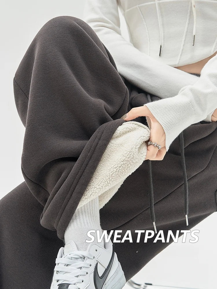 Gray Lamb Velvet Sport Pants Women's High Waist Drapey Fleece Wide Leg Casual Small Size Thickened Cotton Pants