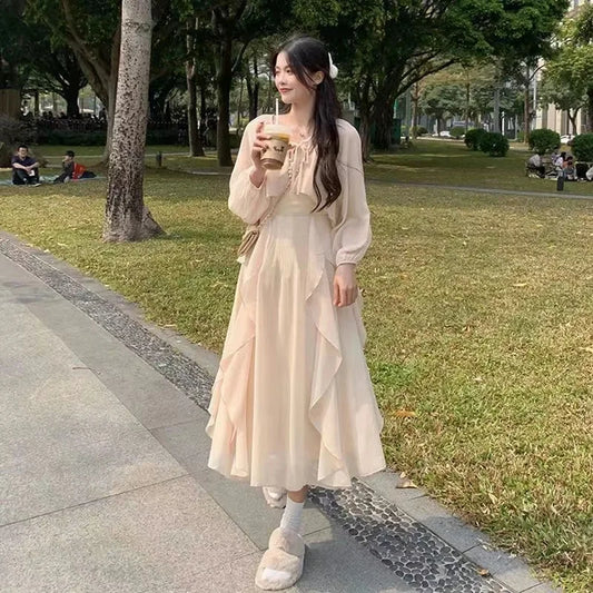 Elegant Spring Autumn off Shoulder Long Dress Women's Loose Fashion Two Piece Set Fairy Forest System V Neck High Waist a Lin...