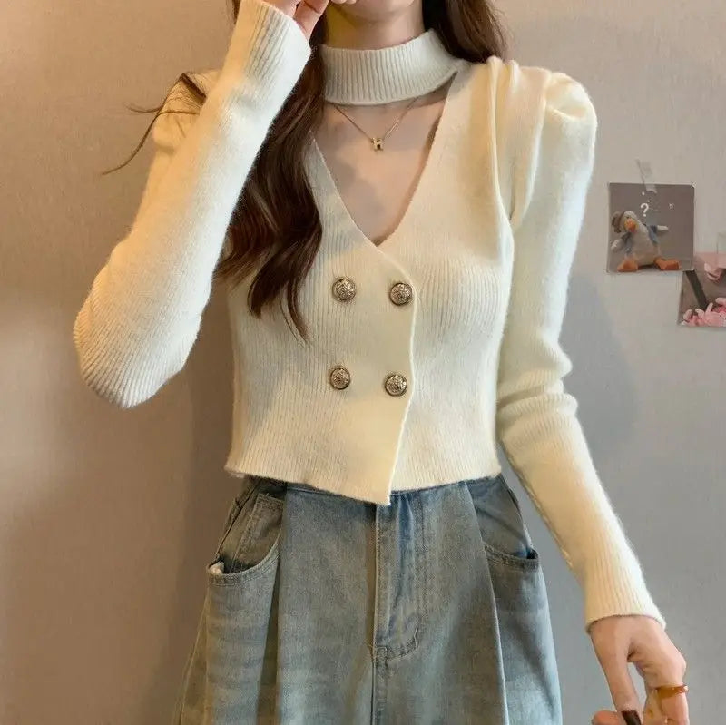 Elegant V-Neck Bubble Sleeve Knitwear Short Top Fashion Trend Neck Hanging Style Girl's French Style Slim Fit Long Sleeve Autumn