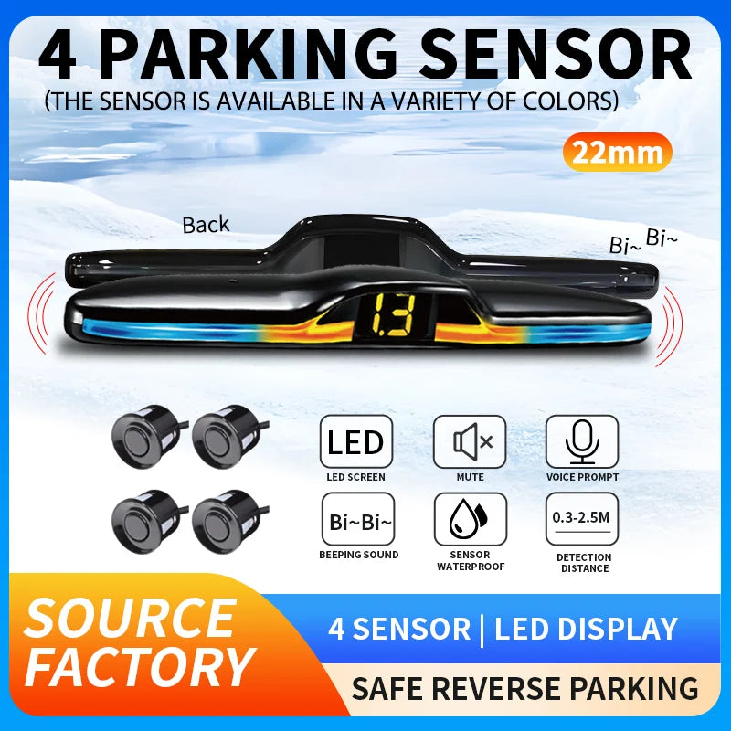 Source Factory 4-Probe Parking Sensor System 22mm 12V Voice Prompt Waterproof Reversing Radar Car Parking Assistance Kit