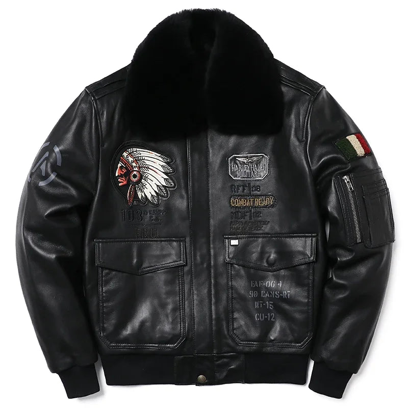 New Wool Collar Indian Embroidery Sheepskin Coat Genuine Leather Jacket Men's  Air Force Cloth Flight Jackets Clothes