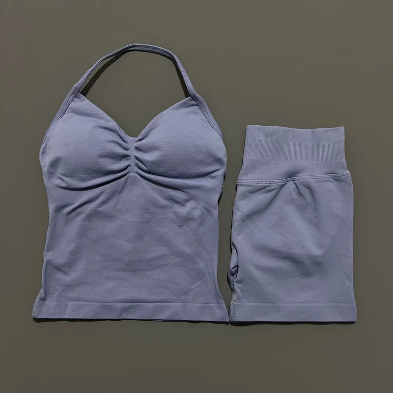 HISTELLO 2 Pieces Sports Set Women Yoga Longline Strap Top Scrunch Seamless Shorts Sport Gym Set Sportswear Workout Fitness Set