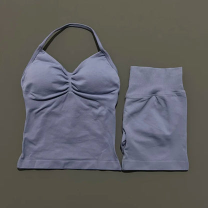 HISTELLO 2 Pieces Sports Set Women Yoga Longline Strap Top Scrunch Seamless Shorts Sport Gym Set Sportswear Workout Fitness Set