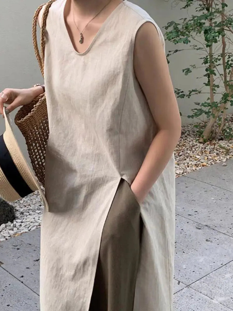 Simple Style Mid-Length V-Neck Women's Dress Knee-Covering Summer Cotton Linen A-Line Skirt Casual City Walk Dress