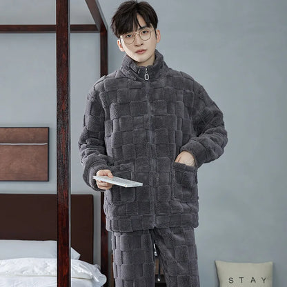 2025 New Couple Sleepwear Men's Autumn Winter Stand Collar Zipper Thick Long Sleeve Coral Fleece Home Clothes Men's Pyjamas