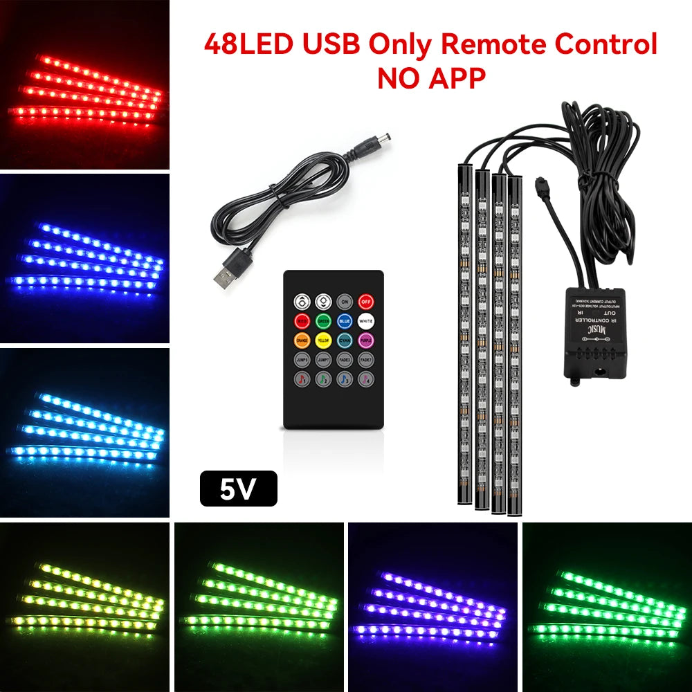 4 IN 1 Car Automotive Ambient Light Neon Foot Light Interior LED Ambient Light Car USB/Cig Music Light Environment Decoration