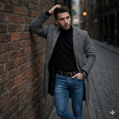 Men's Single Breasted Woolen Blend Trench Coat, Stripes Long Warm Windproof Jacket for Autumn, Classic Solid Color Outerwear