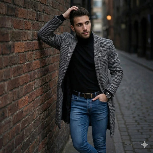 Men's Single Breasted Woolen Blend Trench Coat, Stripes Long Warm Windproof Jacket for Autumn, Classic Solid Color Outerwear