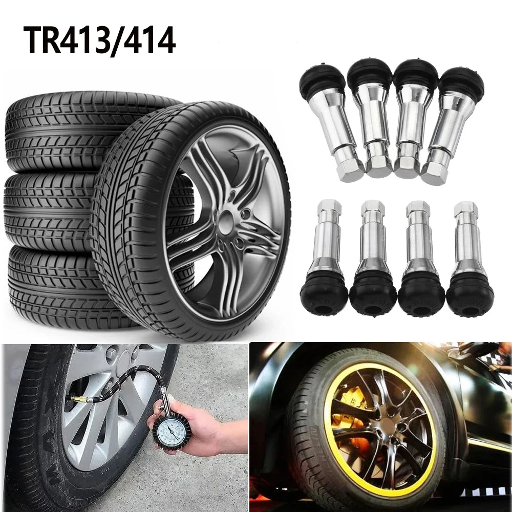 4/10/20/50Pcs Chrome Tubeless Tire Valve TR413 /414 Disc Straight Nipple Wheel Nipple Tire Valve Stems Rubber Dust Caps