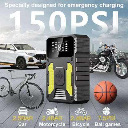 4in1 Portable Jump Starter Power Bank 12V 1500A Car Jump Starter With 150PSI Air Compressor Emergency Booster Lighting Charging