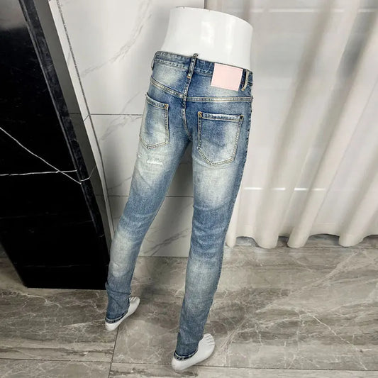 Fashionable new light blue men's jeans, elastic slim fit, washed with nostalgia, color distressed patch jeans, hip-hop brand pan