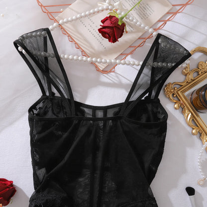 2025 European and American Cross border New Perspective Lace Lace Slimming and Body Shaping Sexy Girlfriend jumpsuit with an Ope