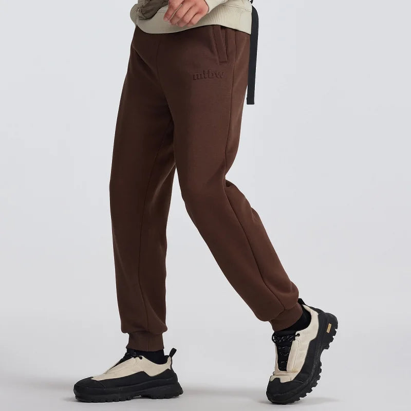 Metersbonwe Men's Fleece-Lined Cargo Joggers Winter Thermal Tapered Pants with Printed Logo Loose Fit Trendy Sports Trousers