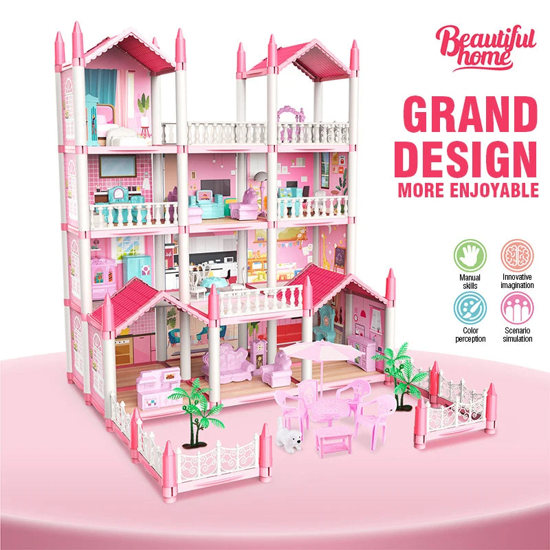 DIY Villa Model Toy House Dollhouses Role-Playing Set with Furniture and Trees Birthday and Holiday Gifts