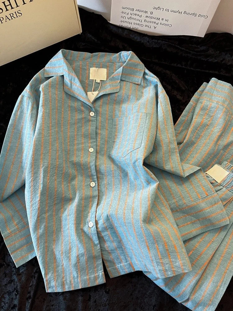 Korean Style  Striped Sleepwear Set Women's Spring Autumn Casual Long Sleeve Long Pants Comfortable Home Clothes