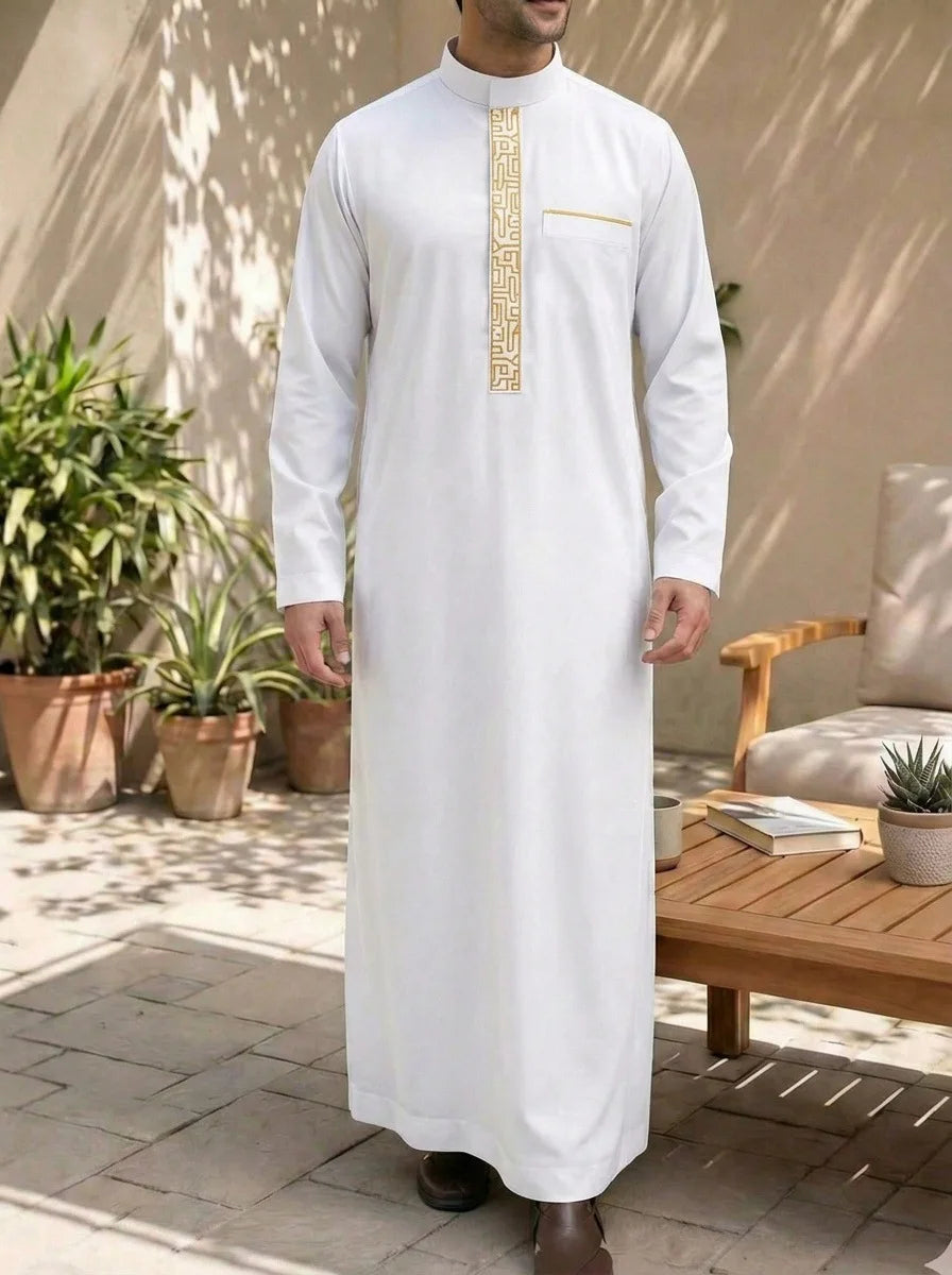 2026 New Men's Stand Collar Long Sleeve Embroidered Loose Fit Shirt Long Dress Robe Abaya Ramadan Dubai Luxury Islam Elegant