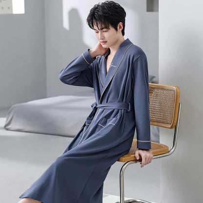 Spring Autumn Bathrobe Men 100% Cotton sleep top Kimono Robes For Male Solid Robes Long Bath Robe Bridegroom Robe Dressing Gown