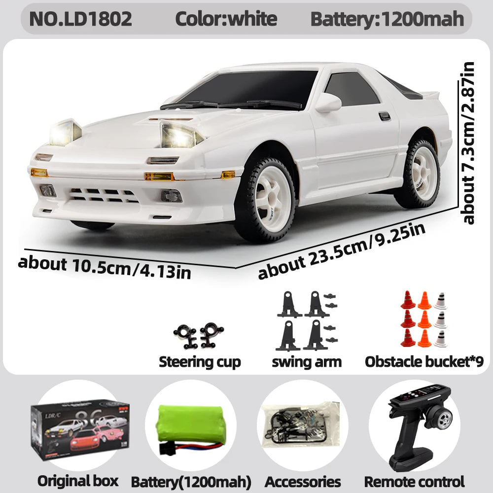 LDRC LD1802 1/18 RX7 FC3S RWD RC Drift Car 2.4G 3CH ESP Gyro Flip Lights LED 20-30min RTR Racing Toy Gift for Boys Adults